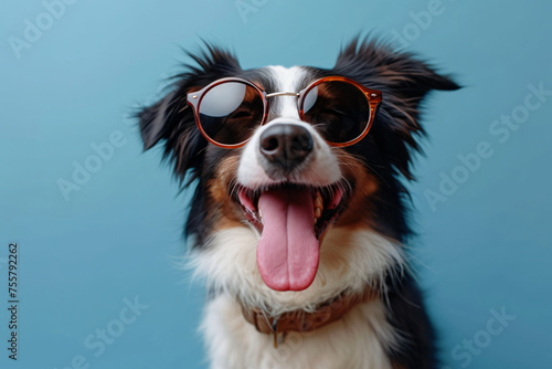 Closeup portrait of cute funny dog in fashion sunglasses on bright blue background. Border collie ready for summer vacation or holiday. Fashion, style, cool pet concept with copy space  © ratatosk