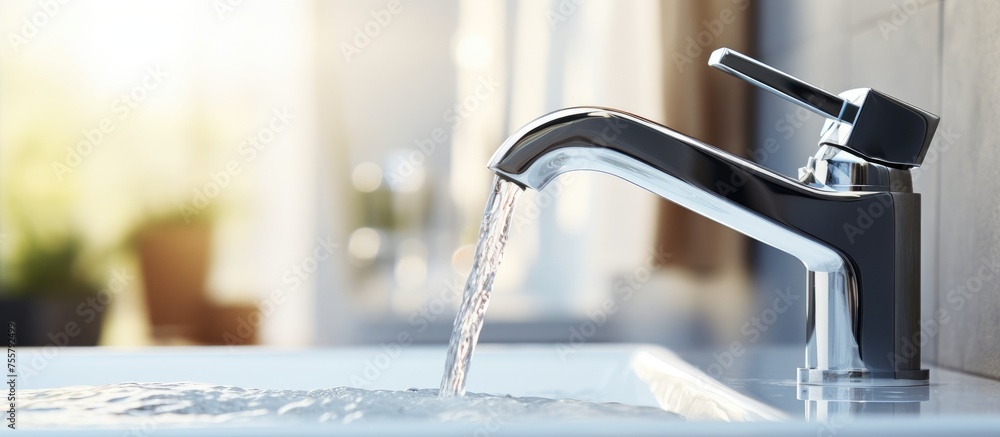 Flowing water in bathroom sink faucet in a modern clean house. Flowing water in bathroom sink faucet in a modern clean house.