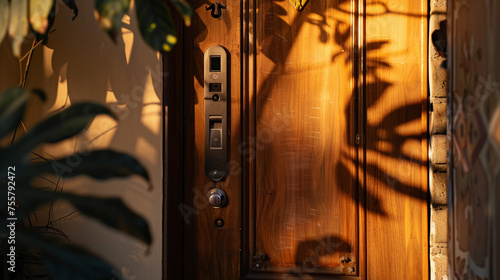 Closeup portrait of wooden entrance door in a modern minimalist home, plants in the side of the door, evening sunset with shadows, smart door lock concepts for modern houses photo