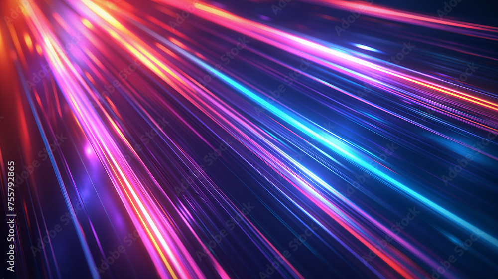 3D abstract technology background with colorful, glowing neon lights. Space scene with motion lights. Colorful street lights