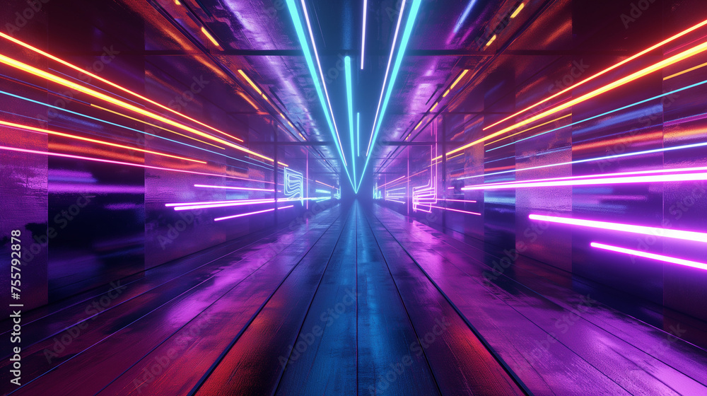 3D abstract technology background with colorful, glowing neon lights. Space scene with motion lights. Colorful street lights 3D abstract technology background with colorful, glowing neon lights. Space scene with motion lights. Colorful street lights