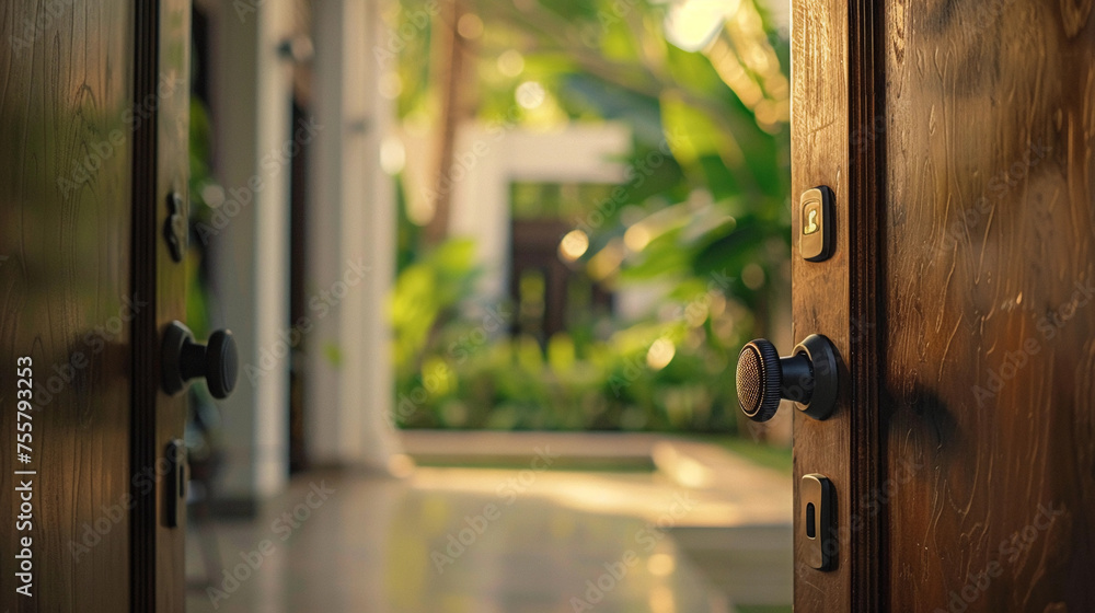 Half open wooden door in a tropical summer villa, closeup portrait Half open wooden door in a tropical summer villa, closeup portrait