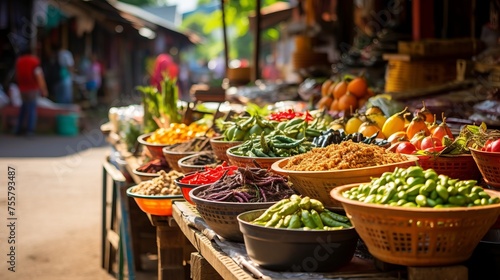 A lively street market in southeast asia with exotic fruits and spices