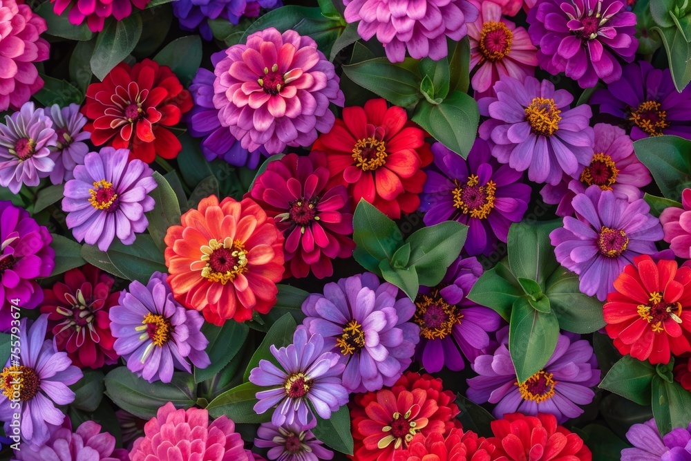 Abstract background with red and pink zinnia flowers, top view. Background of zinnia flowers in pink, red and purple colors with colorful blooms