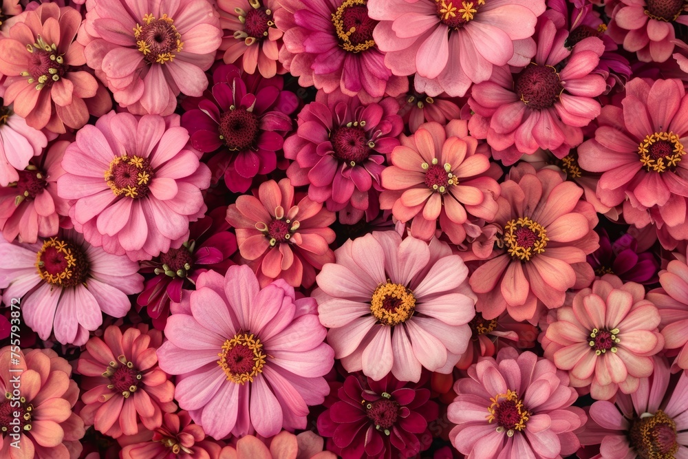 Abstract background with red and pink zinnia flowers, top view. Background of zinnia flowers in pink, red and purple colors with colorful blooms Abstract background with red and pink zinnia flowers, top view. Background of zinnia flowers in pink, red and purple colors with colorful blooms