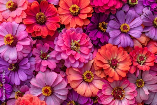 Abstract background with red and pink zinnia flowers  top view. Background of zinnia flowers in pink  red and purple colors with colorful blooms