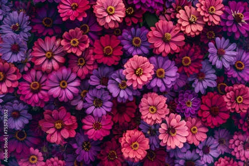 Abstract background with red and pink zinnia flowers, top view. Background of zinnia flowers in pink, red and purple colors with colorful blooms © Sabina Gahramanova