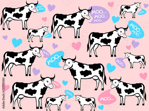 Cute cows. Seamless pattern illustration with cow talking Moo. Baby background for apparel, room decor, tee prints, baby shower, fabric design, wrapping , textile prints, wrapping paper, milk packages
