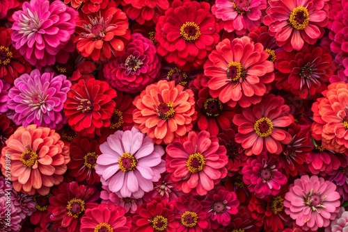 Abstract background with red and pink zinnia flowers, top view. Background of zinnia flowers in pink, red and purple colors with colorful blooms