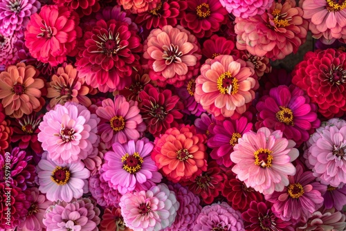 Abstract background with red and pink zinnia flowers  top view. Background of zinnia flowers in pink  red and purple colors with colorful blooms