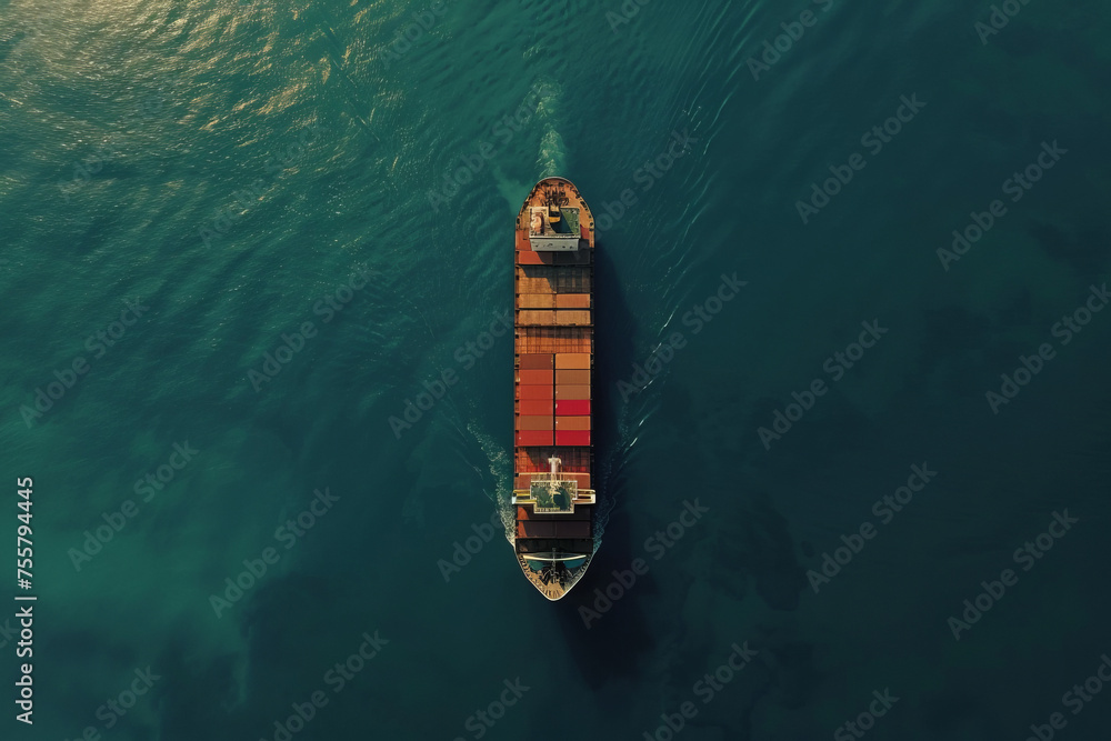 Drone shot, aerial view of container vessel in the sea.
