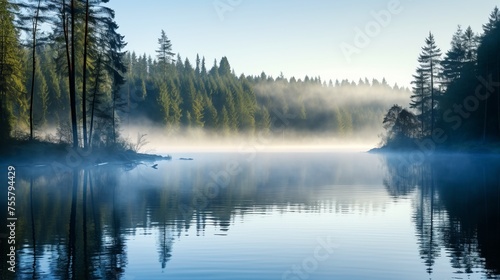 A serene morning fog over a tranquil lake © Cloudyew