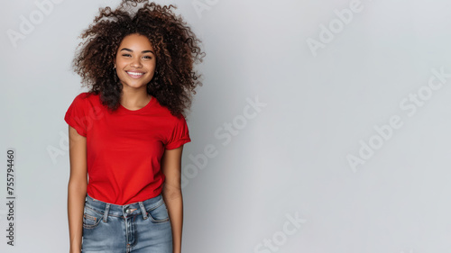 Afro woman wear red t-shirt smile laugh out loud isolated