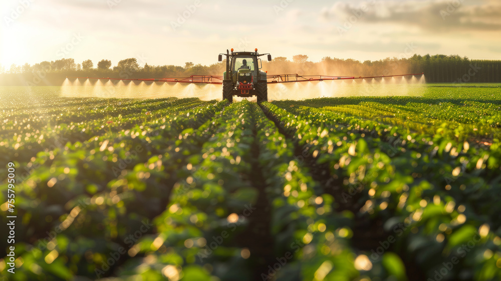 Golden hour over farmland as a tractor sprays crops, showcasing the interplay of agriculture and technology. Golden hour over farmland as a tractor sprays crops, showcasing the interplay of agriculture and technology.