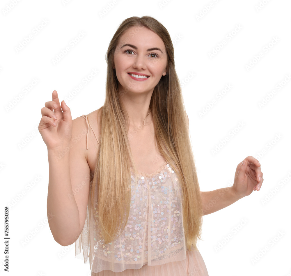 Beautiful girl in beige dress on white background Beautiful girl in beige dress on white background