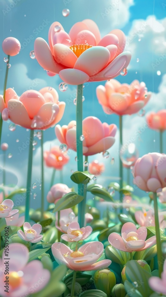 A bunch of pink flowers with water droplets on them, AI A bunch of pink flowers with water droplets on them, AI