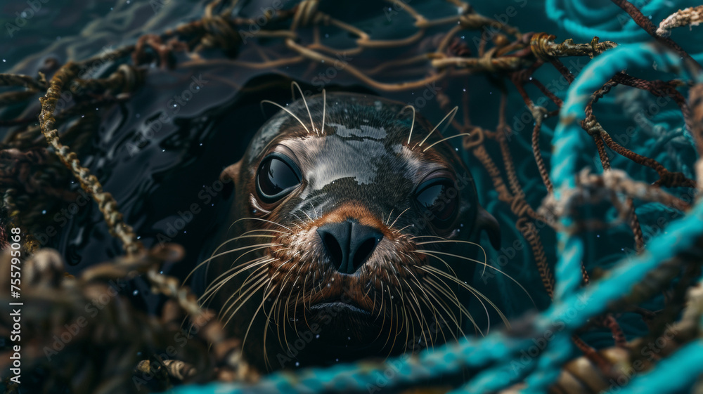 A curious seal emerges amidst tangled fishing nets in the ocean's embrace. A curious seal emerges amidst tangled fishing nets in the ocean's embrace.