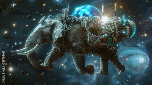 A spacefaring elephant with a holographic portfolio display