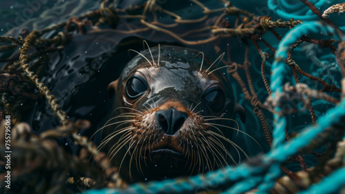 A curious seal emerges amidst tangled fishing nets in the ocean's embrace.