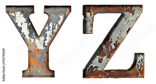 Old rusty metal alphabet Letter Y, Z Isolated on transparent background cutout - Generative AI	