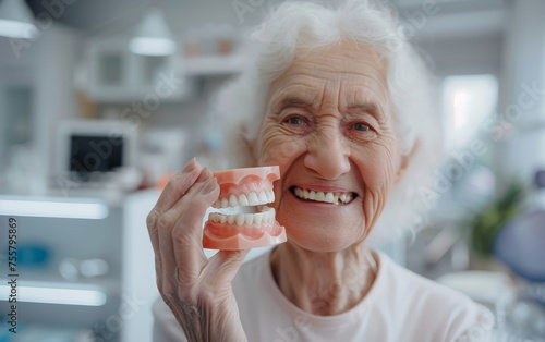 An elderly woman with snow-white hair joyfully presents a set of dentures in a dental clinic, a testament to the life-enhancing benefits of dental prosthetics.