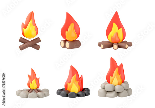 Set of burning bonfire or campfire, firewood with fire or flame, vector 3d realistic design element plasticine texture