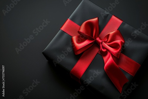 Stylish gift box with red ribbon and bow on dark background. Black friday sale and Boxing day concept with copy space. Present for christmas. birthday and holidays. Design for banner. poster. card