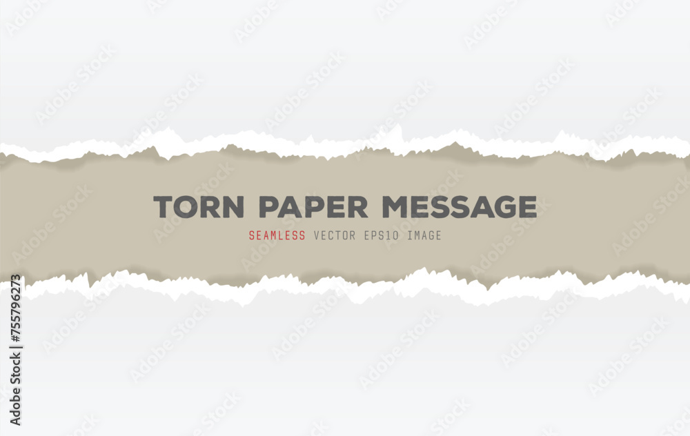 Torn paper vector. Ripped white paper with message inside. Realistic vector image of ripped white paper with shadows. Blank gray page with ripped in center of paper text message.