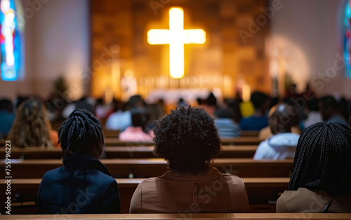Parishioners sit reverently in a church, their attention directed towards a brightly lit cross. The atmosphere is one of contemplation and communal faith. photo