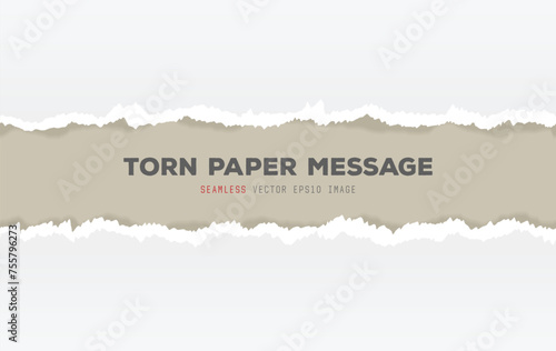 Torn paper vector. Ripped white paper with message inside. Realistic vector image of ripped white paper with shadows. Blank gray page with ripped in center of paper text message.