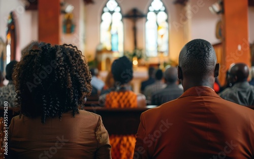 A couple attentively listens to a sermon at church, embodying the communal aspect of worship. The image captures a shared moment of faith. photo