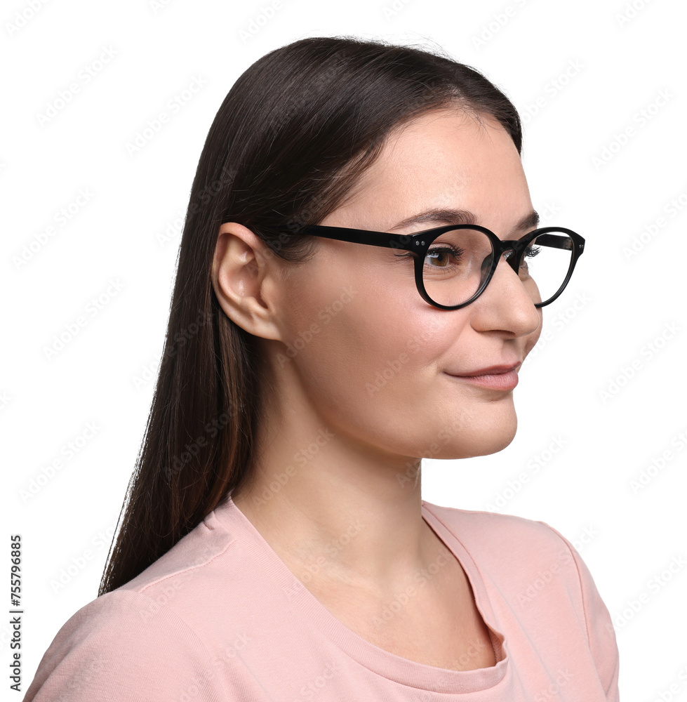 Beautiful woman with glasses on white background