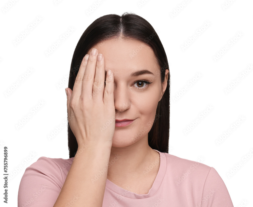 Beautiful woman covering her eye on white background Beautiful woman covering her eye on white background