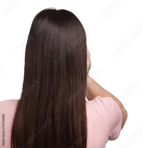 Woman with beautiful hair on white background, back view