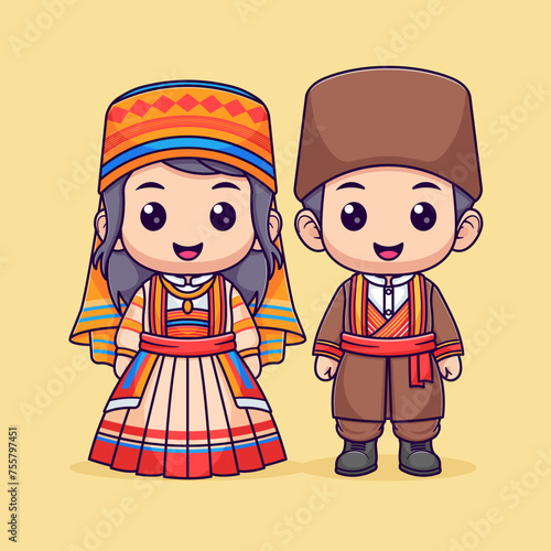 Cute boy and girl in traditional armenian dress vector icon illustration