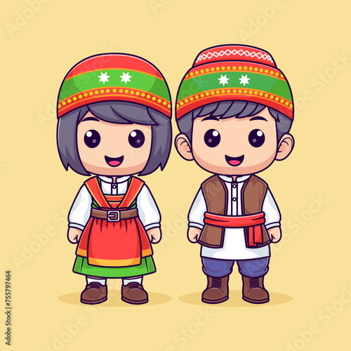 Cute armenian boy and girl in national dress vector icon illustration