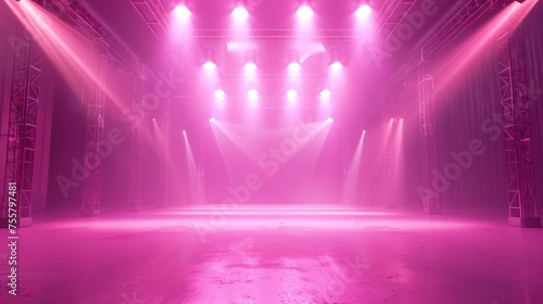 Pink stage background, spotlights on both sides, stage lighting, three-dimensional background