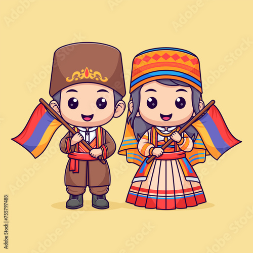 Cute boy and girl in traditional armenian dress and holding armenian flag vector icon illustration