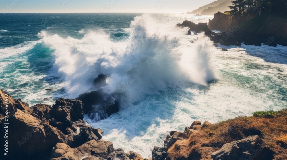 Ocean waves crashing dramatically against a rugged coastline