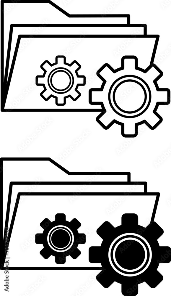 Data Management Icons. Black and White Vector Icons. Folder with Files and Gears. Concept of Management and Data Analytics Data Management Icons. Black and White Vector Icons. Folder with Files and Gears. Concept of Management and Data Analytics
