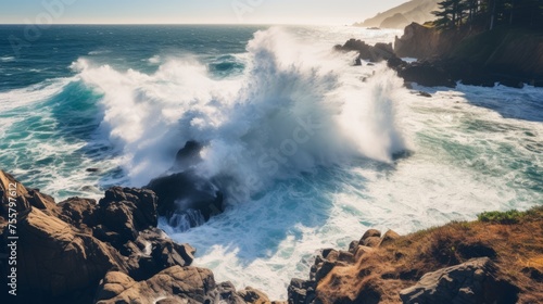 Ocean waves crashing dramatically against a rugged coastline