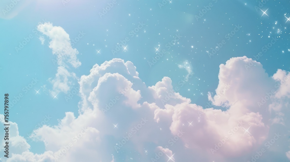 Dreamy Sky with Sparkling Stars and Fluffy Clouds