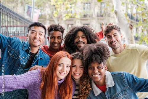 Selfie of group of young friends spending a day together in the park. Concept: lifestyle, bond