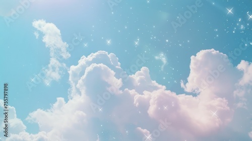 Dreamy Sky with Sparkling Stars and Fluffy Clouds