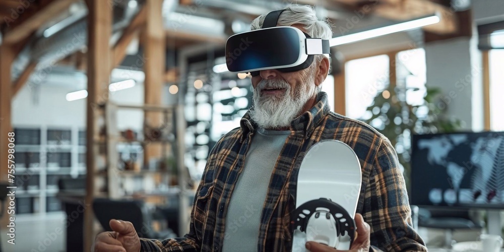 A gray-haired mature man has fun playing video games in virtual reality using a VR headset