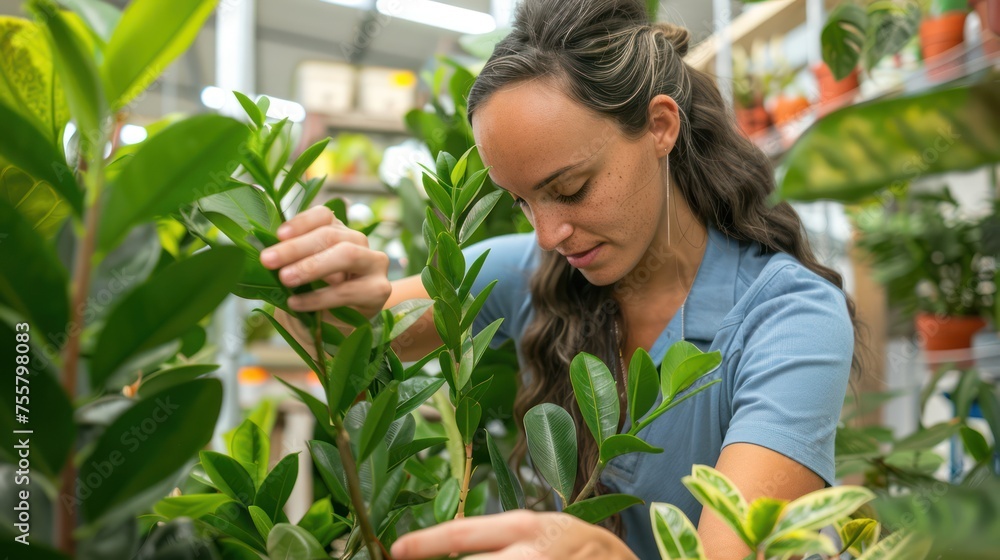Obraz premium Plant in an indoors setting, bright, beautiful, being tended to by a beautiful young woman