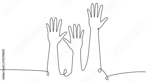 continuous single line drawing of a group of hands raised up. The concept of voting, elections