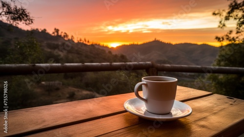 Sip of coffee against a sunrise backdrop, embracing the morning ritual