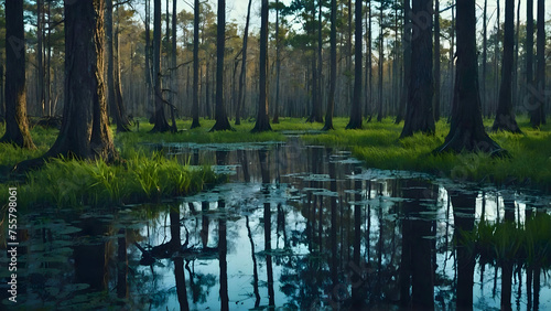 A swamp full of different animal life, especially mosquitoes.