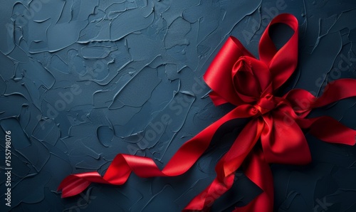 Set against a dark blue background, a striking big red ribbon commands attention, offering a clear area for adding textual elements. photo